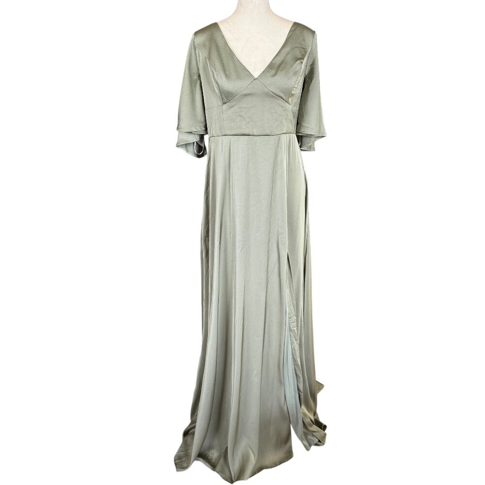 Lulus sage green deep V short sleeve open back slit dress women's size XL